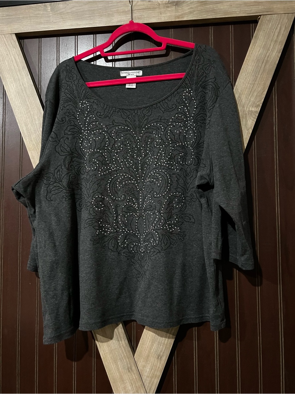 Rebecca Malone Charcoal Gray Embellished Scoop Neck 3/4 Sleeve Top